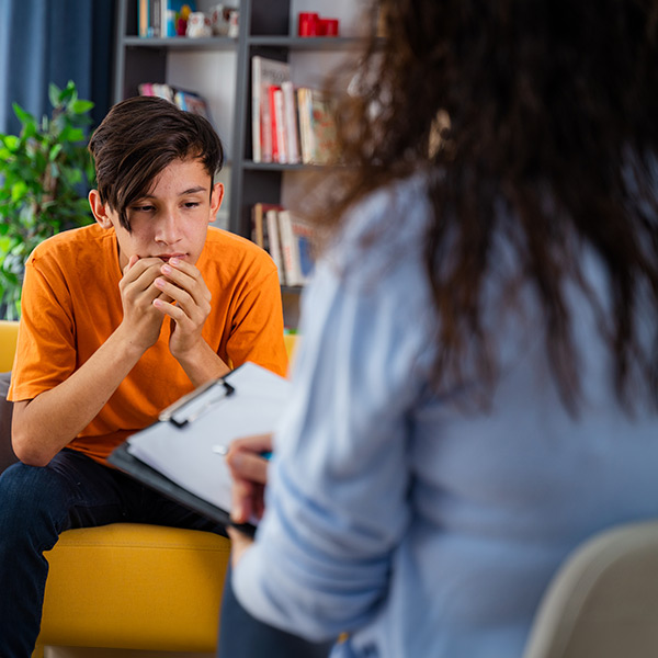 Female psychologist counseling teenage boy in office